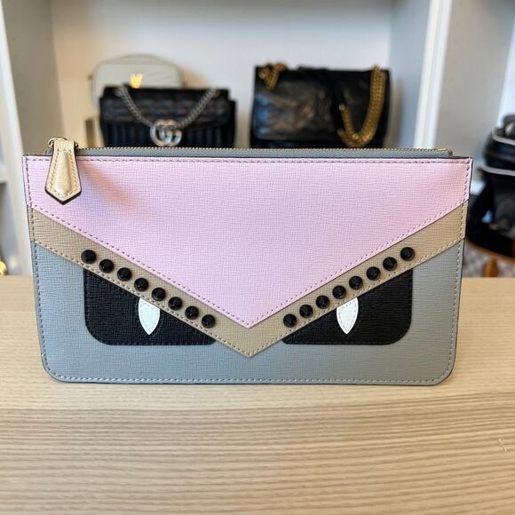 Fendi Vitello Elite Monster Eyes Studded Zip Pouch Ghiaccio Black Multicolor - Picture 2 of 10